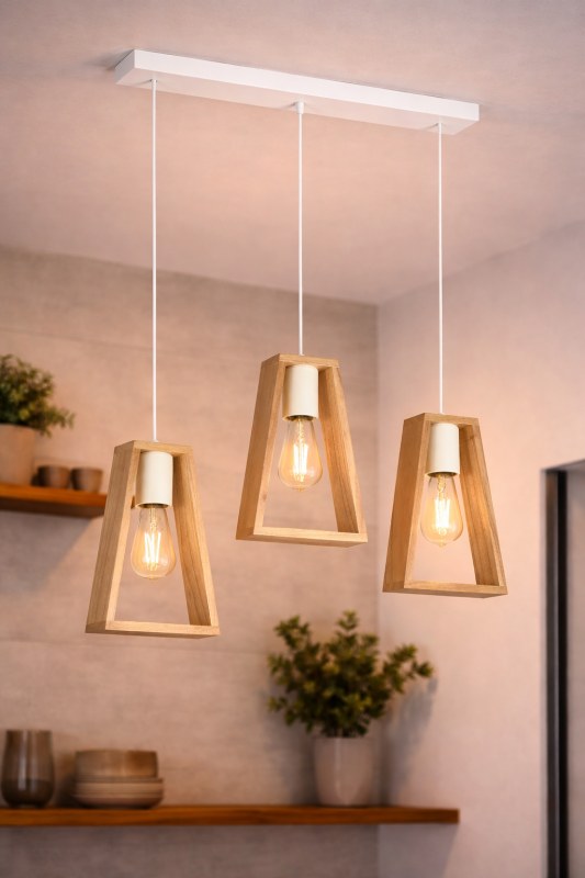Colgante CO3 de 3 Luces en Madera Paraíso - Base Rectangular 60 cm, Opciones Negro, Blanco o Natural