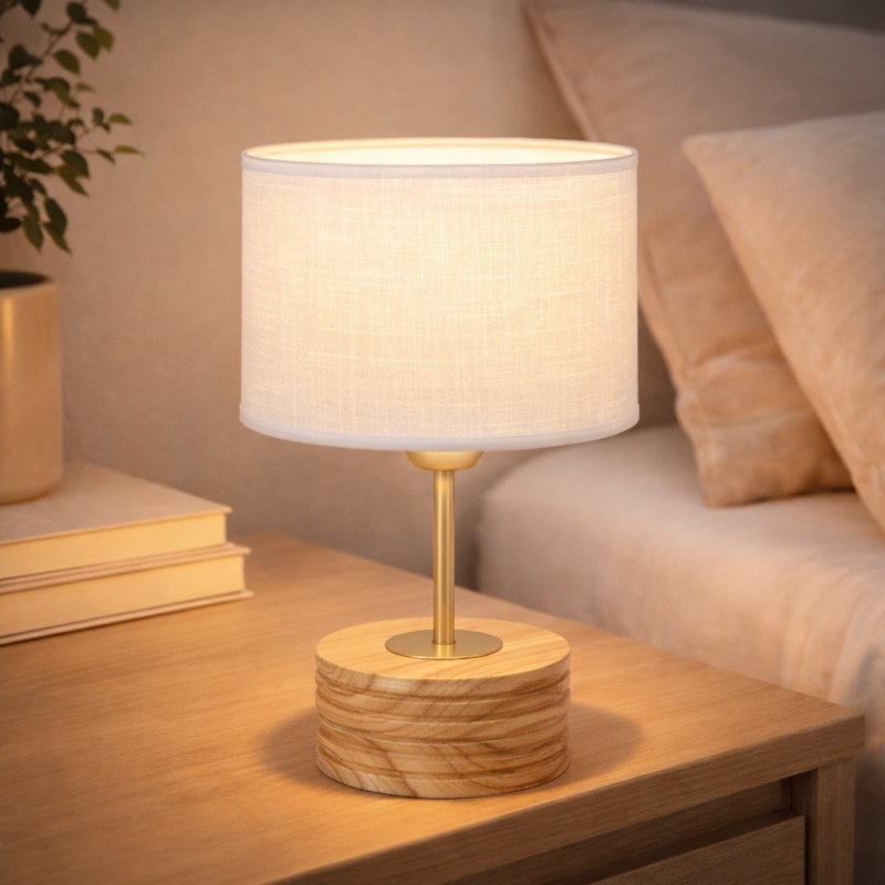 Lámpara de Mesa FAUSTO en Madera Paraíso Maciza - Detalles en Oro Mate y Pantalla Egipcia Blanca | A