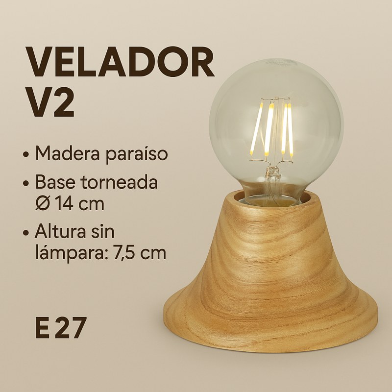 Velador V2 de Madera Paraíso con Base Torneada - 14 cm de Alto | Rosca E27 - 3