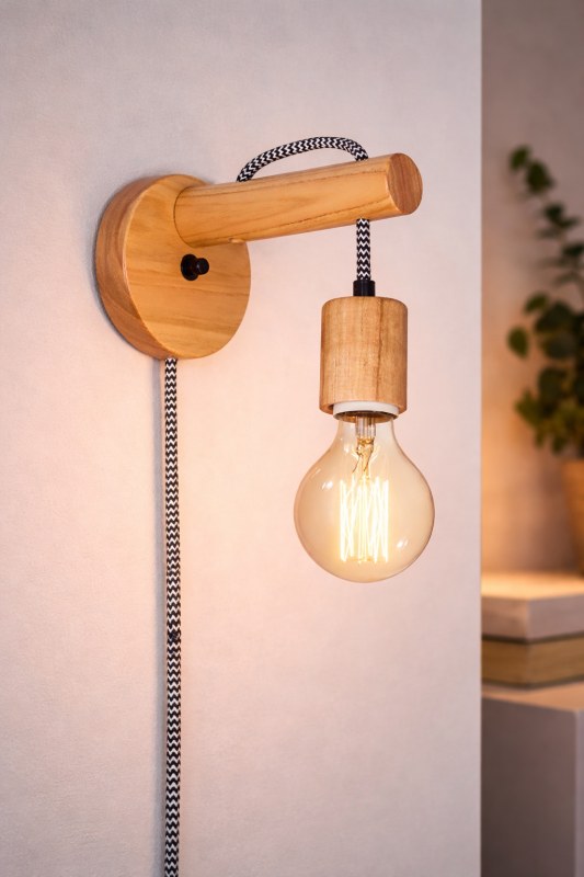 Aplique M3 Estilo Nórdico - Ménsula de Madera con Cable Textil y Lámpara E27 (21x13x13 cm)