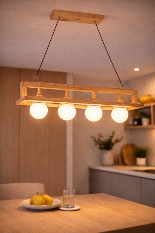 Colgante 100/4 de Madera con 4 Tulipas de Vidrio - 76 x 23,5 cm - Lámparas E27