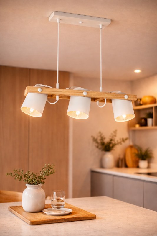 Colgante GENOVA3 de 3 Luces - Cilindros de Metal Blanco o Negro y Madera Paraíso - 55 x 14 cm