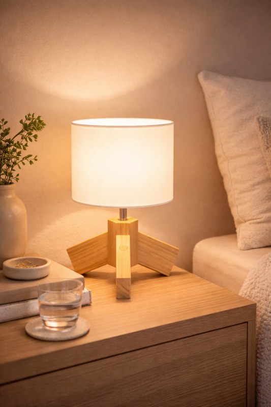 Velador Cruz de Madera Paraíso con Pantalla de Lino Blanca - Altura 35 cm | E27