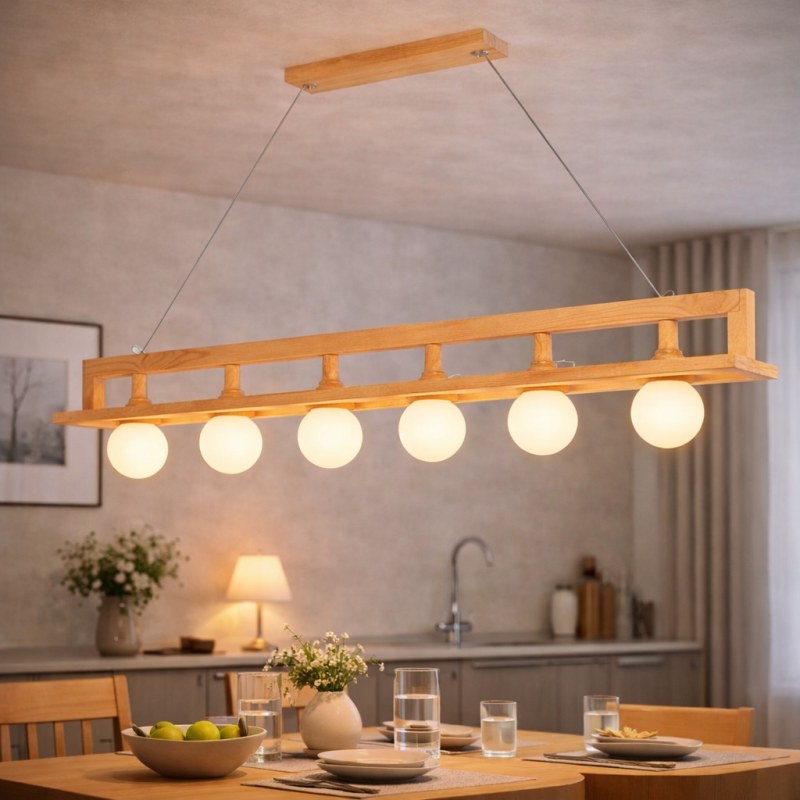 Lámpara Colgante de Madera natural con 6 Tulipas de Vidrio -120 x 25 x 23 cm - E27
