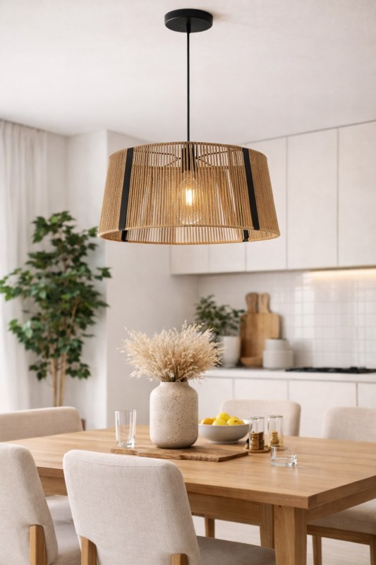 Lámpara Colgante Butan de Hilo Natural 50cm | Pantalla Tejida con Detalles en Metal Negro