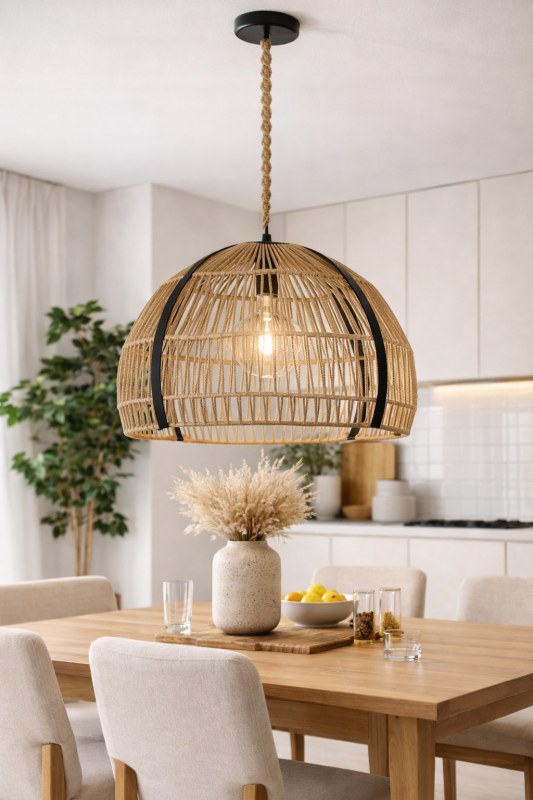 Lámpara Colgante Manila Globo de Hilo Natural 40cm | Colgante con Detalles en Metal Negro