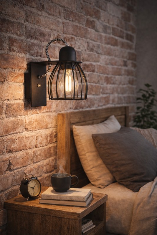 Aplique de Pared Jaula Negro 1 Luz E27 con Cable Textil | Lámpara Industrial
