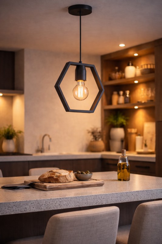 Lámpara Colgante TARENTO E27 Negra | Colgante Hexagonal Industrial Moderno