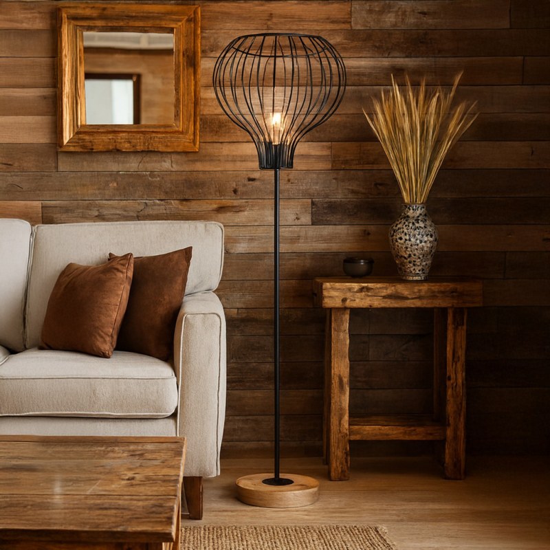 Lámpara de Pie Brisa Madera Paraíso con Jaula Metal E27 LED 140 cm