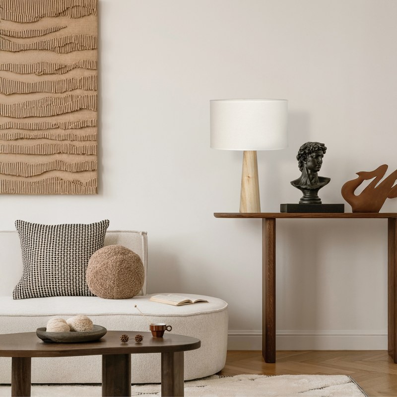 Lámpara de Mesa Amelia Madera Paraíso con Pantalla Lino Natural E27 LED 39 cm