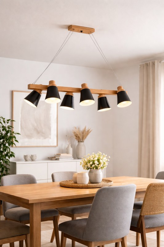 Lámpara Colgante 6 Luces Madera Paraíso y Metal E27 Moderna Blanca o Negra