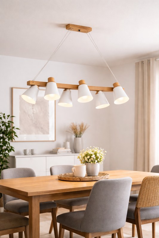 Lámpara Colgante 6 Luces Madera Paraíso y Metal E27 Moderna Blanca o Negra - 2