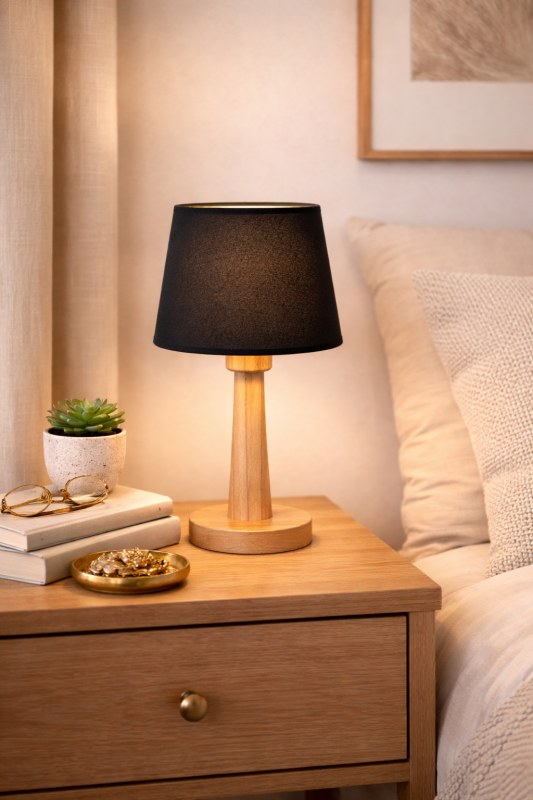 Velador Madera Paraíso con Pantalla Lino E27 LED Diseño Nórdico Moderno