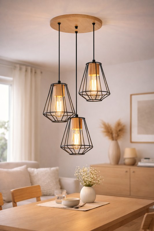Colgante Retro 3 Luces Jaula Diamante Madera Paraíso E27 Negro o Blanco