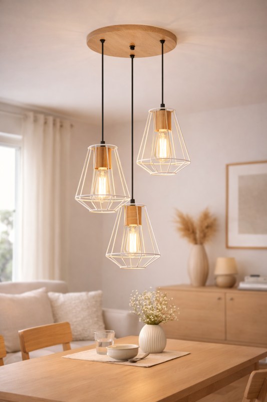 Colgante Retro 3 Luces Jaula Diamante Madera Paraíso E27 Negro o Blanco - 2
