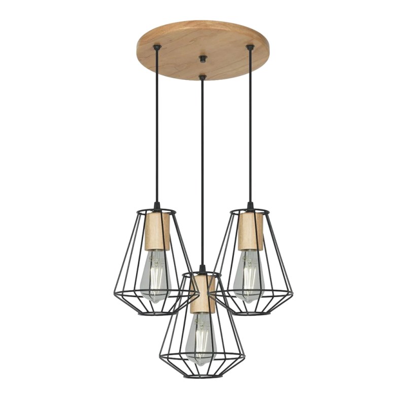 Colgante Retro 3 Luces Jaula Diamante Madera Paraíso E27 Negro o Blanco - 3