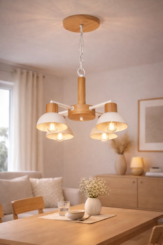 Araña 4 Luces Campanita Madera Paraíso y Metal Blanco o Negro E27 LED Moderna