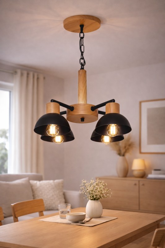 Araña 4 Luces Campanita Madera Paraíso y Metal Blanco o Negro E27 LED Moderna - 2