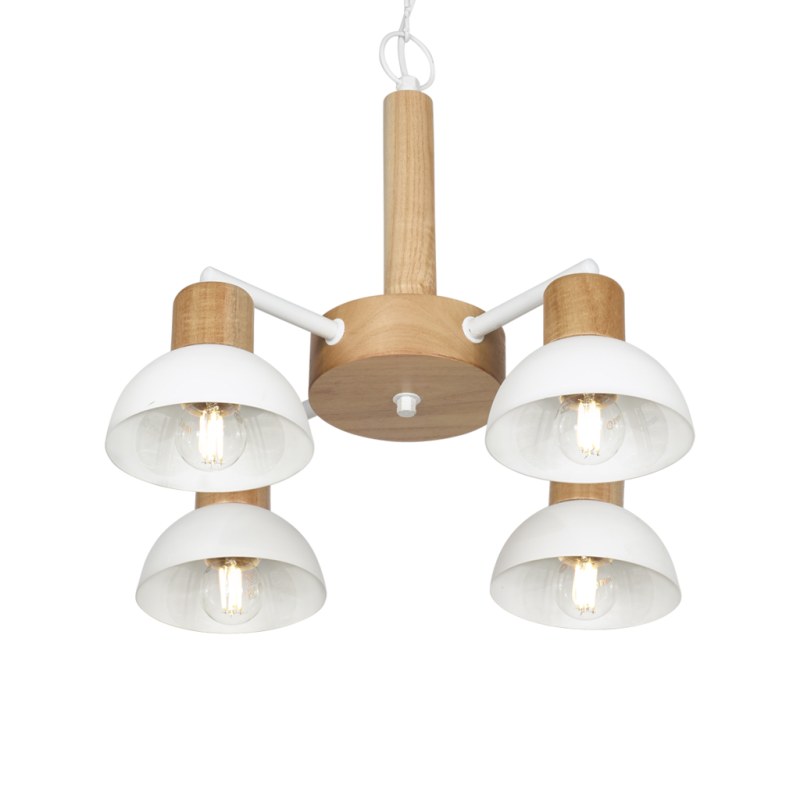 Araña 4 Luces Campanita Madera Paraíso y Metal Blanco o Negro E27 LED Moderna - 3