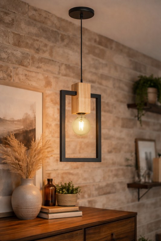 Lámpara Colgante Madera Paraíso y Negro 1 Luz E27 LED Moderna PALER/1