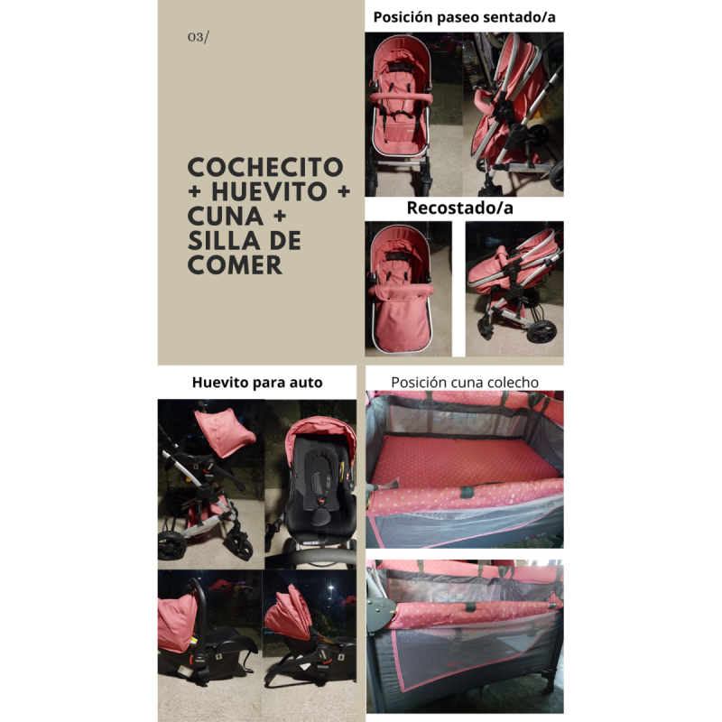 Combo OFERTA: Cochecito + Huevito auto + Cuna + silla de comer