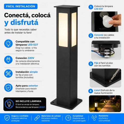 Farol Exterior Pared Ferrolux Negro 100cm Hierro Vidrio Satinado Led - 5