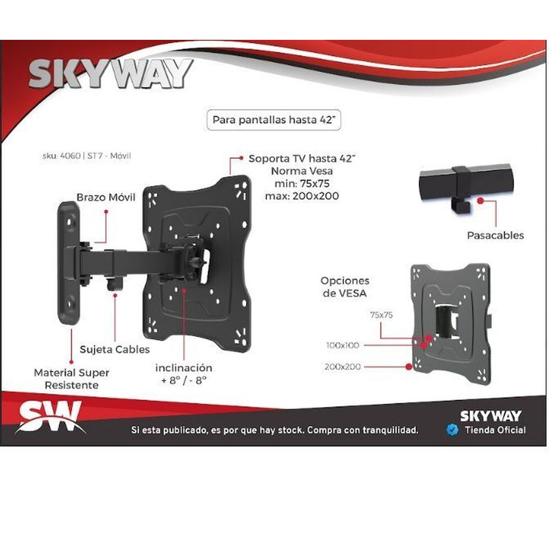 Soporte Tv Led Lcd Smart - Brazo Simple Móvil 17 a 42 Pulgadas - ST7 LITE - SKYWAY - 3/4
