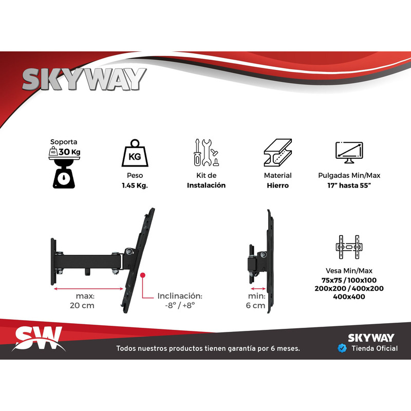 Soporte Tv Led Lcd Smart - Brazo Simple Móvil 17 a 55 Pulgadas - ST8 Lite - SKYWAY - 2