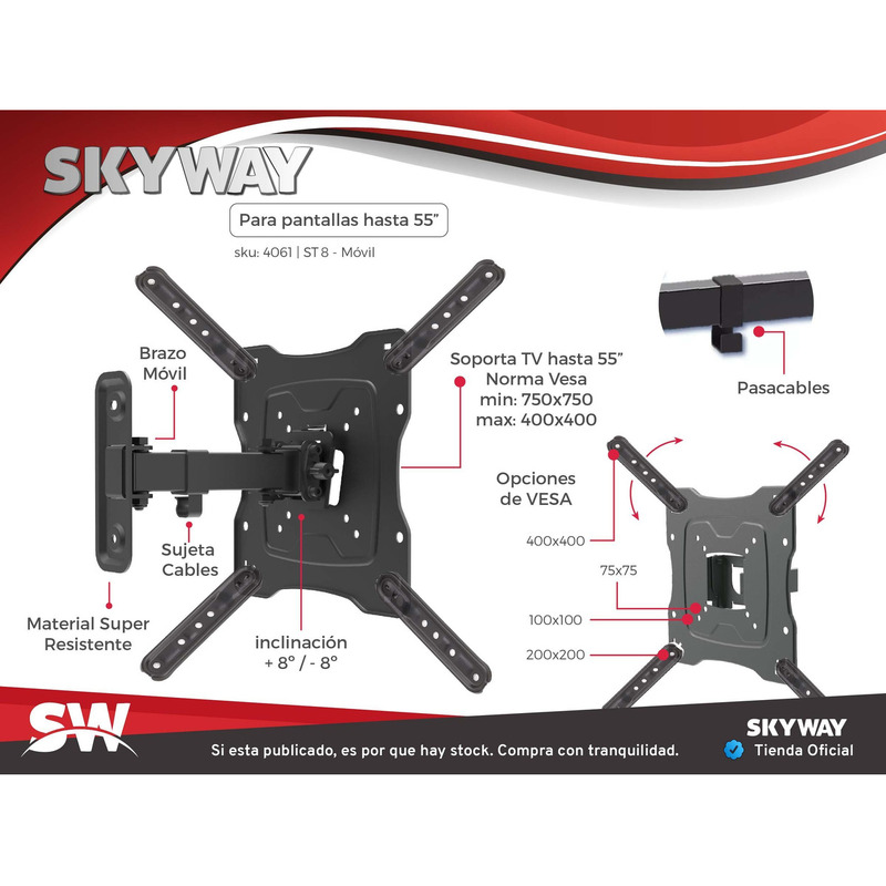 Soporte Tv Led Lcd Smart - Brazo Simple Móvil 17 a 55 Pulgadas - ST8 Lite - SKYWAY - 3/4