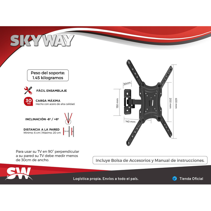 Soporte Tv Led Lcd Smart - Brazo Simple Móvil 17 a 55 Pulgadas - ST8 Lite - SKYWAY - 4