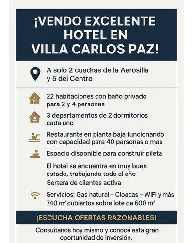Vendo Hermoso Hotel A Metros Del Centro, Villa Carlos Paz