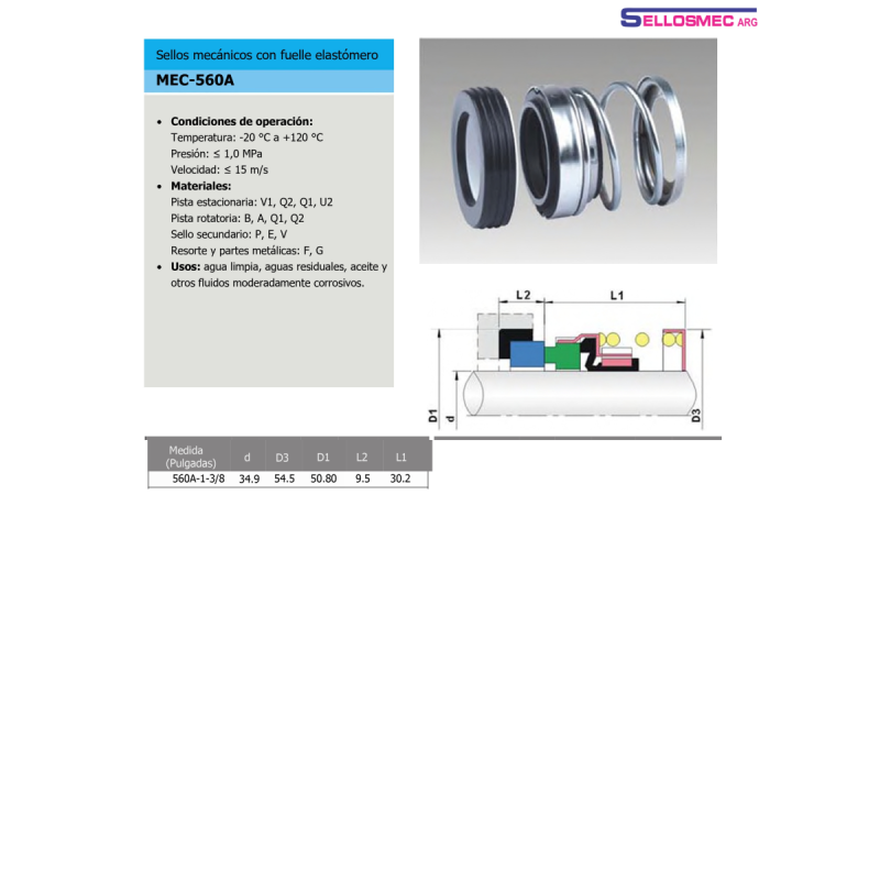 Sello Mecanico MEC-560 (PF) para Eje de 1 3/8" SSV - Resorte Recto - 6/12