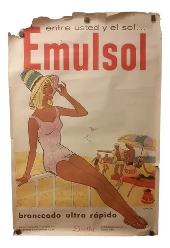 Antiguo Afiche Publicitario Bronceador Emulsol Original