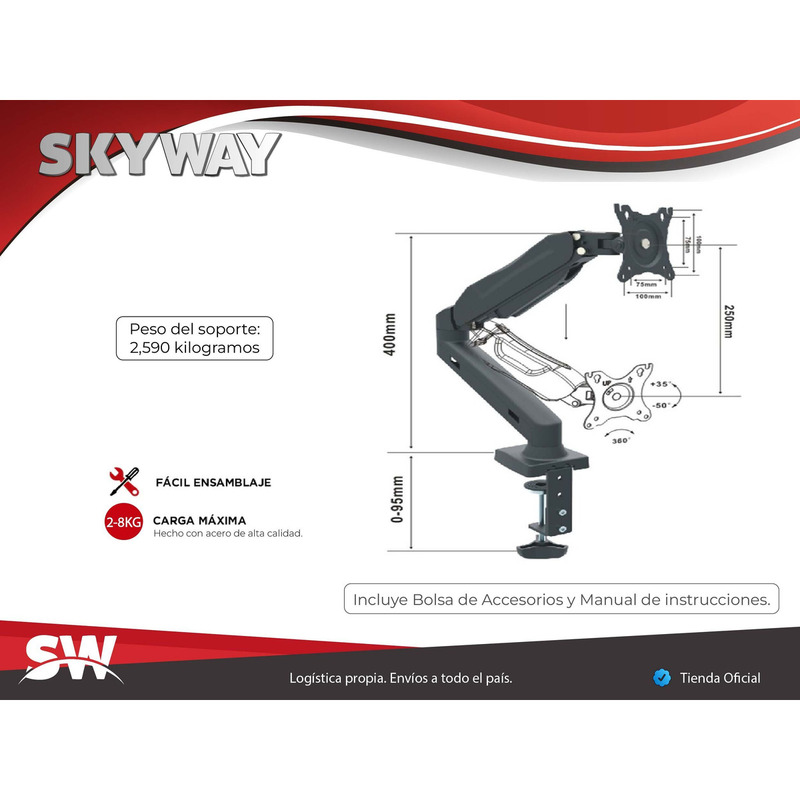 Soporte con Brazo Móvil 'Amortiguacion a Gas' Sistema Hidraulico - Giratorio para Escritorio / Mesa  - 2/4