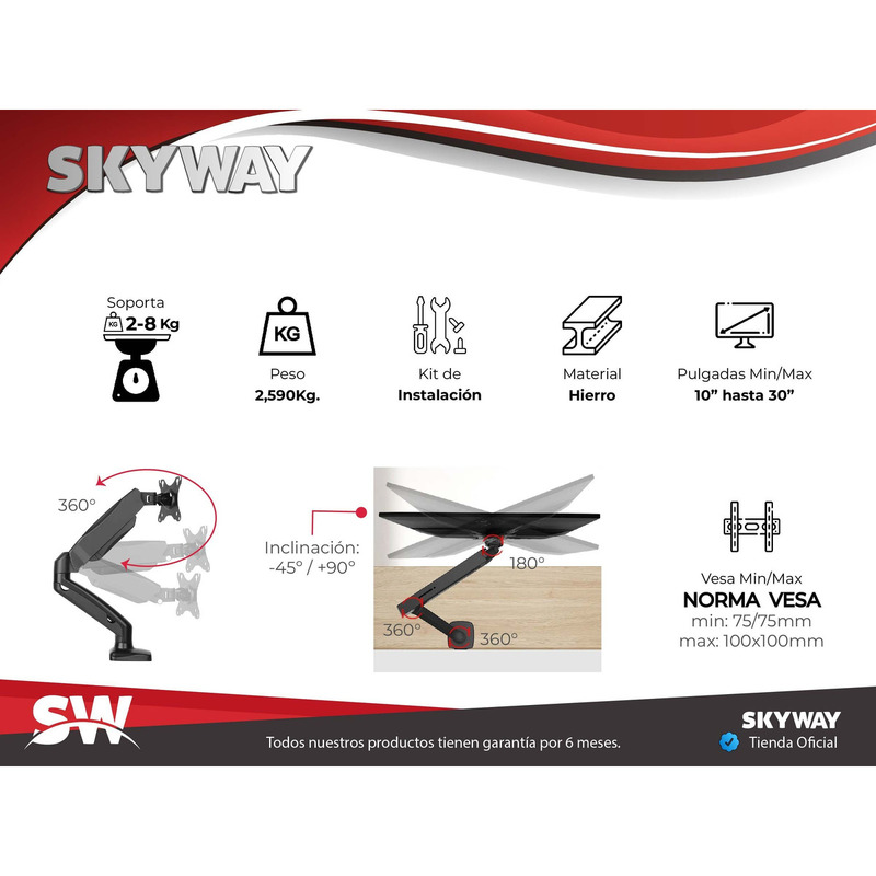 Soporte con Brazo Móvil 'Amortiguacion a Gas' Sistema Hidraulico - Giratorio para Escritorio / Mesa  - 3/4