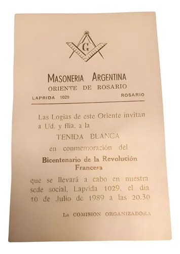 Antigua Invitación Masonería Argentina Oriente De Rosario Beige Y Negro